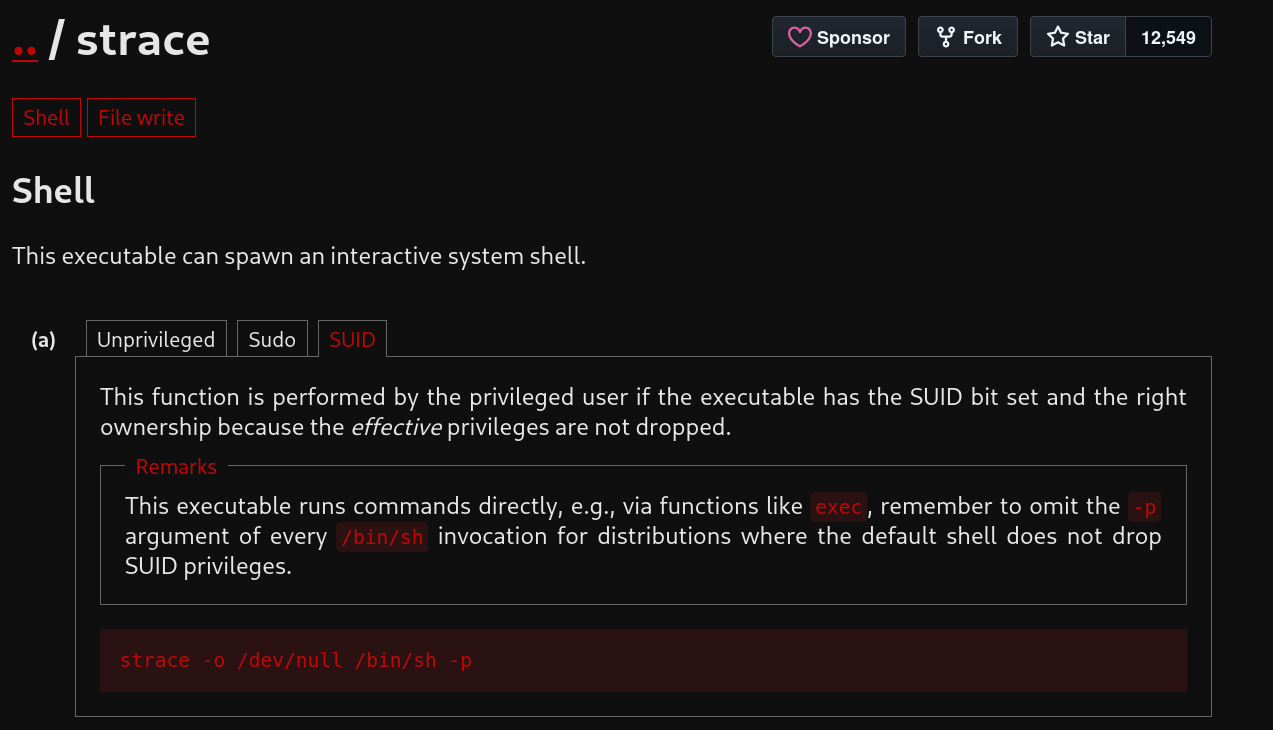 GTFOBins strace page showing the SUID shell escalation payload
