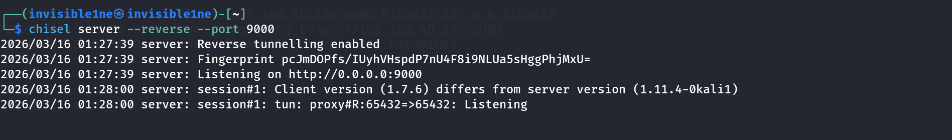 chisel server listening in reverse mode on port 9000