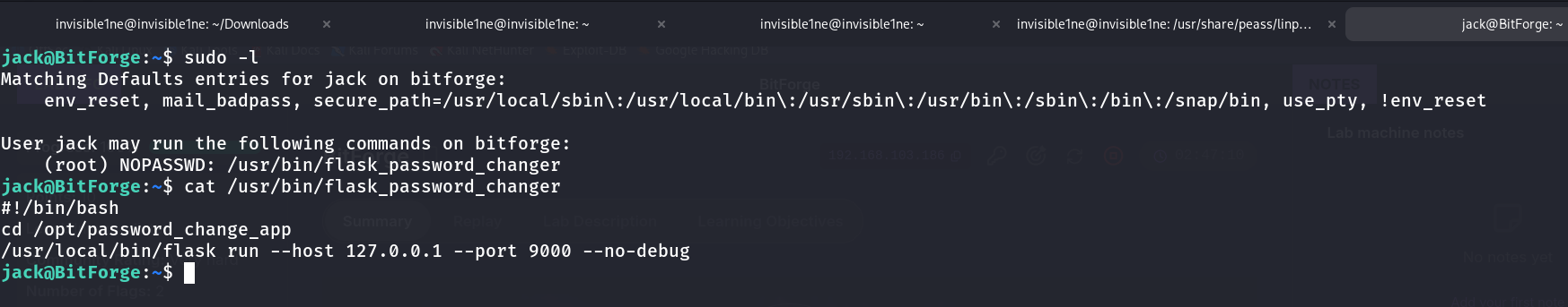 sudo -l output showing jack can run /usr/bin/flask_password_changer as root with no password, plus the script's contents