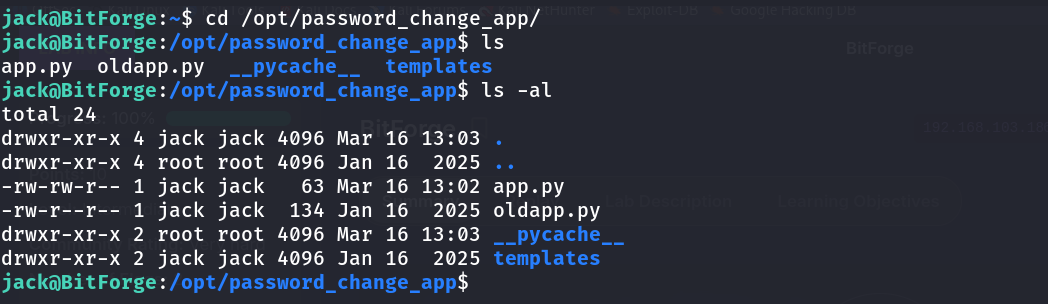 ls -al showing app.py writable by user jack despite being launched as root via sudo