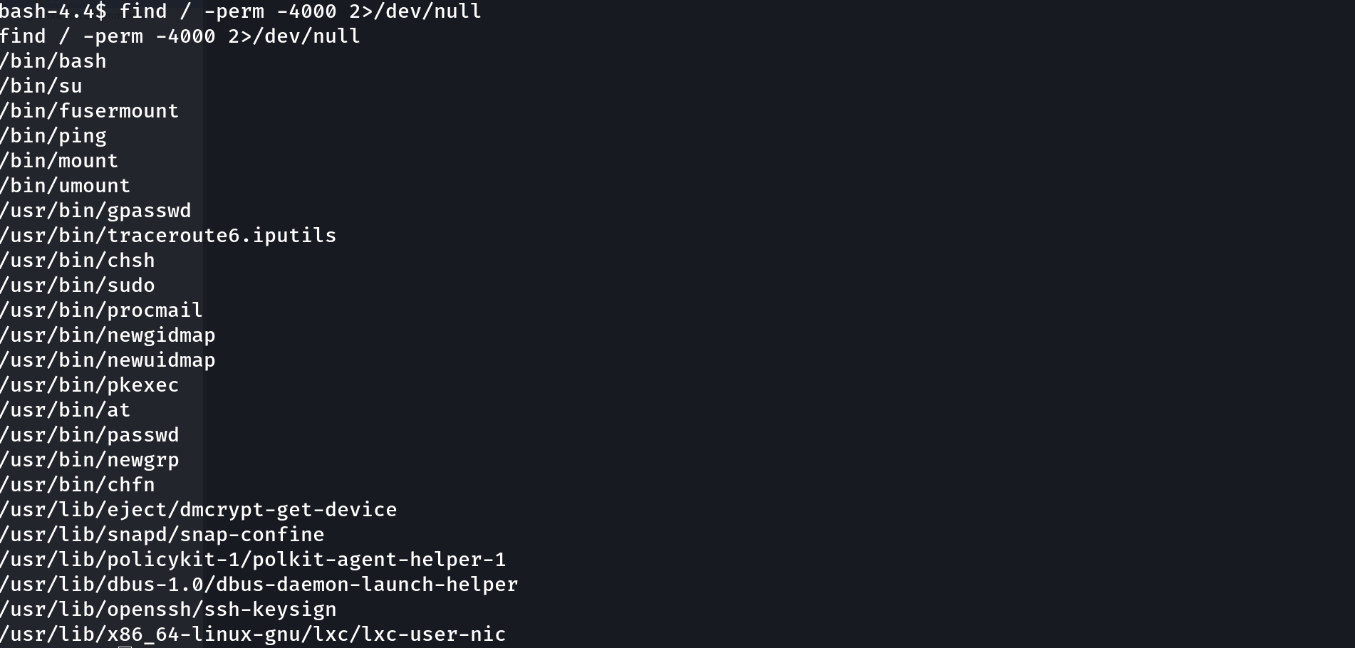 Terminal output of find / -perm -4000 2>/dev/null listing SUID binaries, with /bin/bash at the top of the list