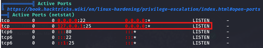 netstat output showing tcp 127.0.0.1:25 in LISTEN state, bound to loopback only