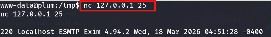 netcat connecting to 127.0.0.1:25 and receiving an ESMTP banner from Exim 4.94.2