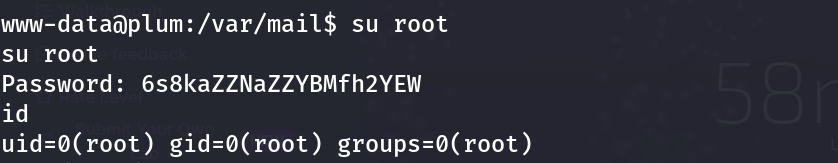 su root using the leaked password, id confirming uid=0 root access