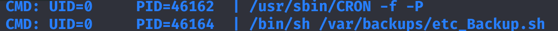 pspy64 output showing CRON spawning /bin/sh /var/backups/etc_Backup.sh as UID=0