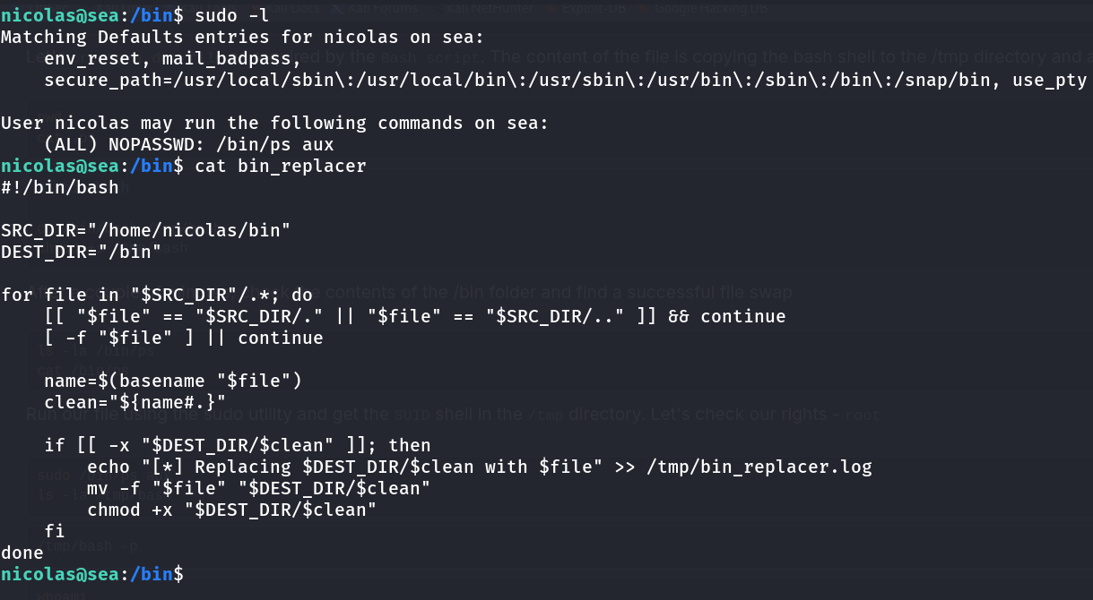 sudo -l output for nicolas on sea showing NOPASSWD access to /bin/ps aux, followed by the contents of bin_replacer