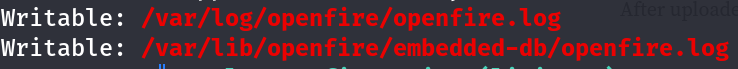 LinPEAS output highlighting writable log files: /var/log/openfire/openfire.log and /var/lib/openfire/embedded-db/openfire.log