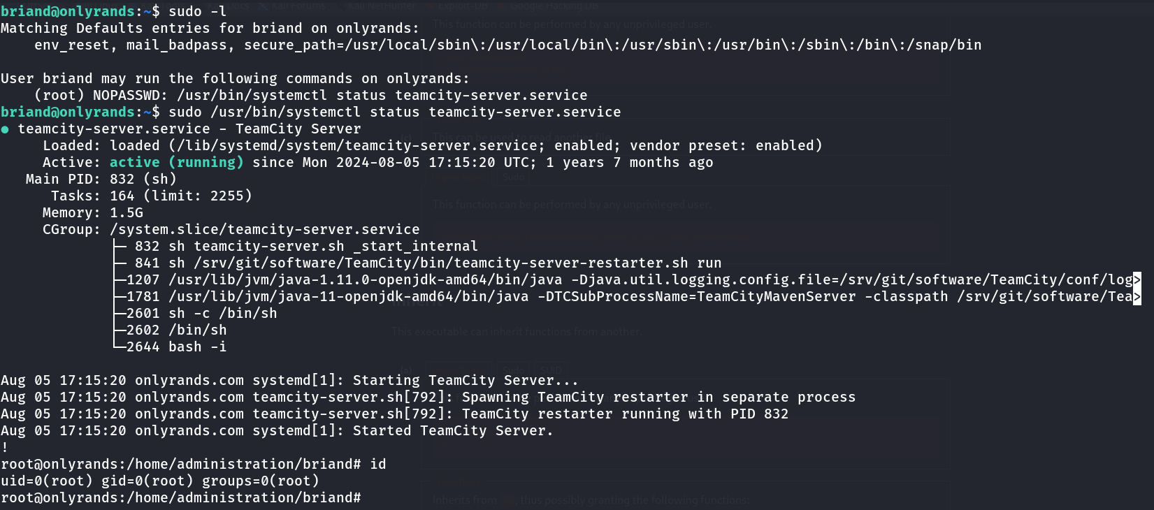 sudo -l output for user briand showing NOPASSWD rights to run systemctl status on the teamcity-server service, followed by the command being run and ending in a root shell