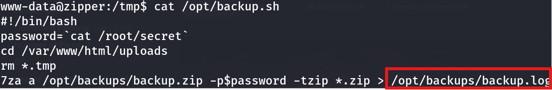 Contents of /opt/backup.sh showing it reads a password from /root/secret and passes it directly to 7za on the command line