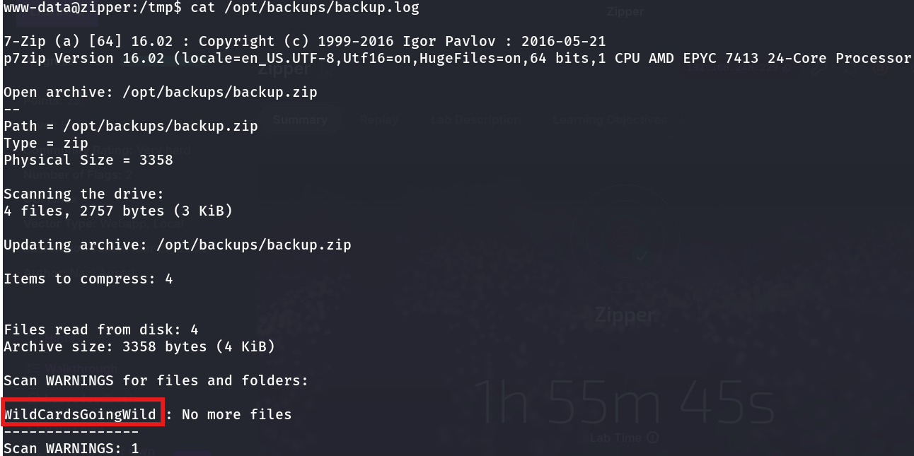 Contents of backup.log showing 7-Zip's run output after archiving the uploads directory