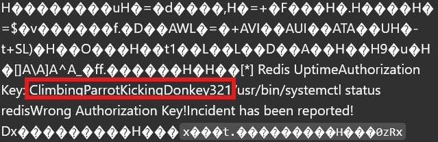 Garbled redis-status output leaking the hardcoded Redis Uptime Authorization Key