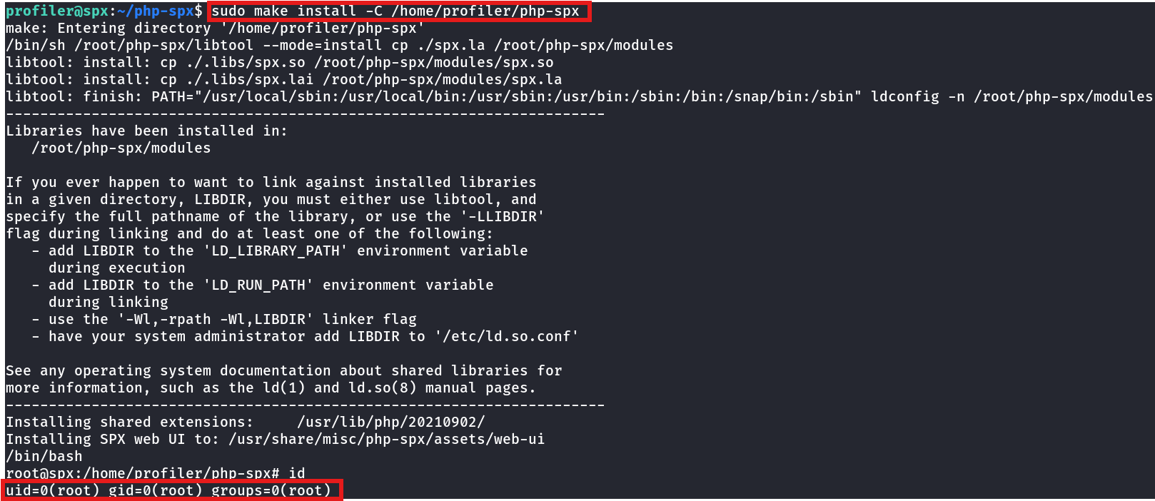 sudo make install executing the overridden install target and dropping a root shell on spx