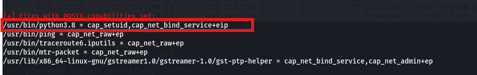 Terminal output of a capabilities scan showing /usr/bin/python3.8 with cap_setuid,cap_net_bind_service+eip highlighted in red