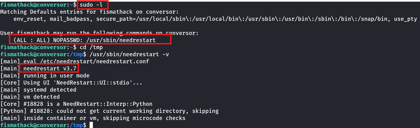 Terminal showing sudo -l output with a NOPASSWD rule for /usr/sbin/needrestart, followed by needrestart -v confirming version 3.7