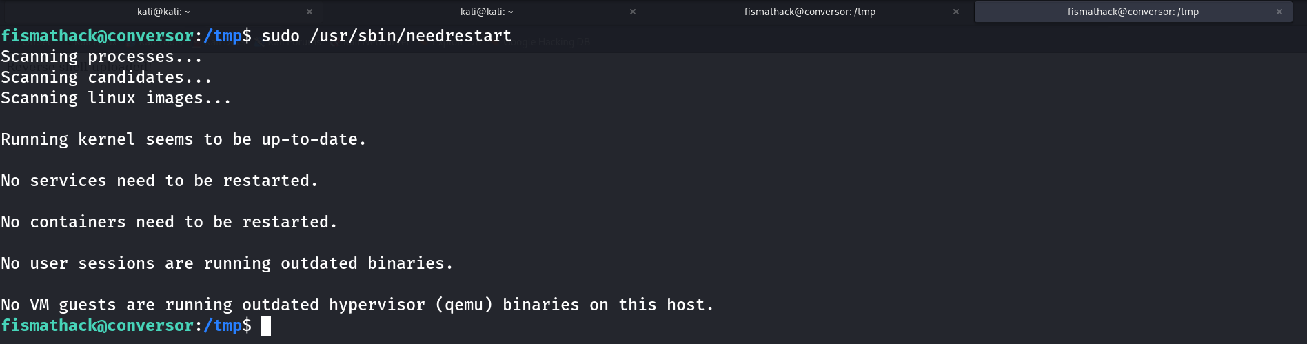 Terminal showing sudo /usr/sbin/needrestart running its scan output