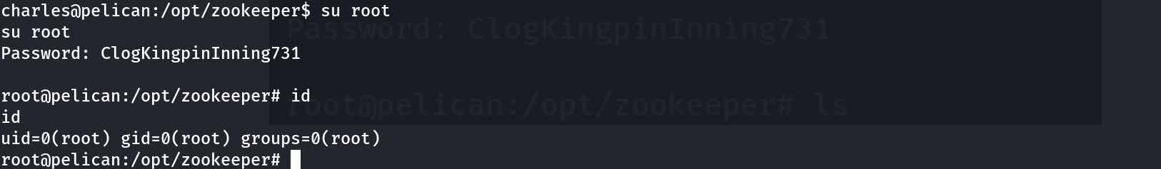 su root using the recovered password, id confirms uid=0