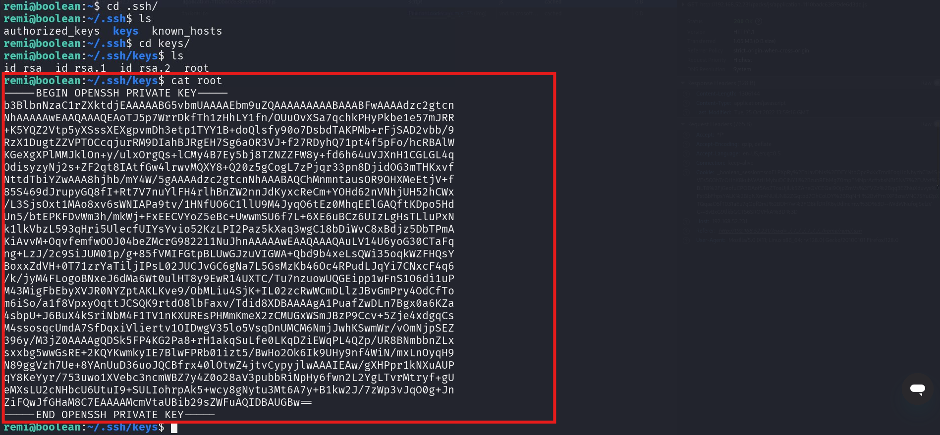 Full OpenSSH private key printed via cat root inside ~/.ssh/keys