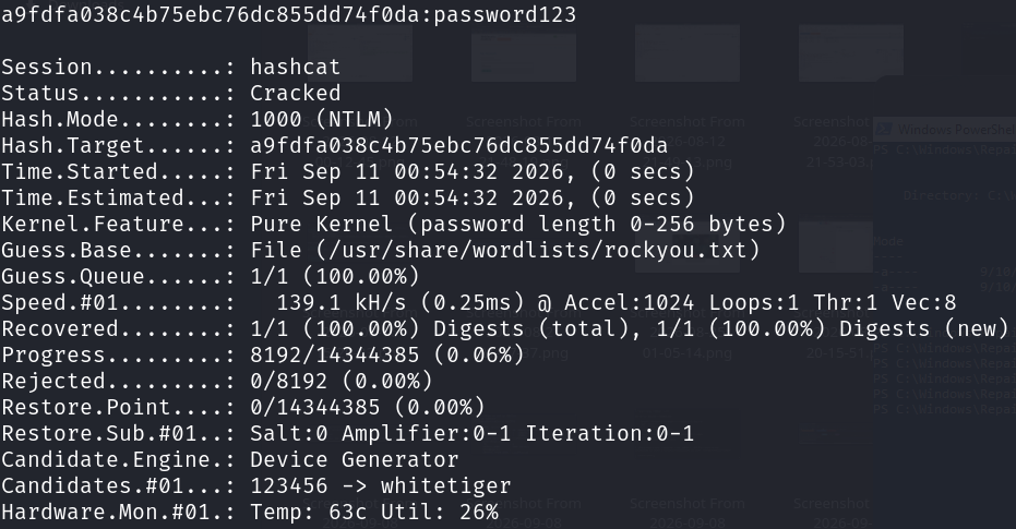 hashcat successfully cracking the NTLM hash, recovering the plaintext password "password123"