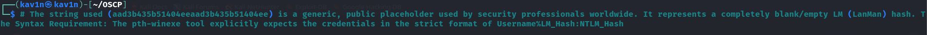Comment explaining that the LM hash portion is a constant, public placeholder representing an empty/blank LM hash, and that pth-winexe requires the strict Username%LM_hash:NTLM_hash format