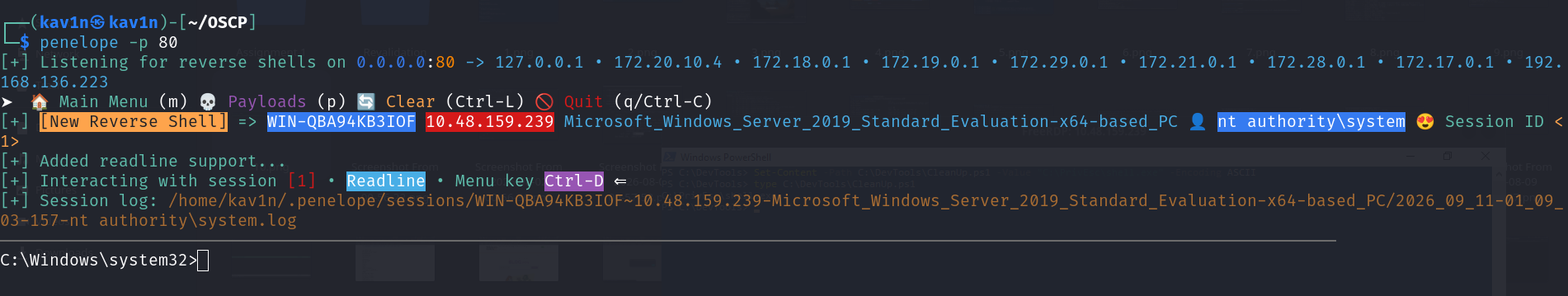 Reverse shell listener catching a new SYSTEM session shortly after the scheduled task's next execution
