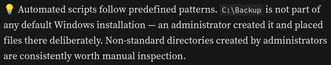 Note on why a non-default, administrator-created directory like C:\Backup is worth manually inspecting