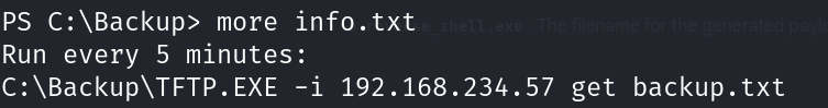 PS C:\Backup> more info.txt reconfirming the 5-minute TFTP scheduled task
