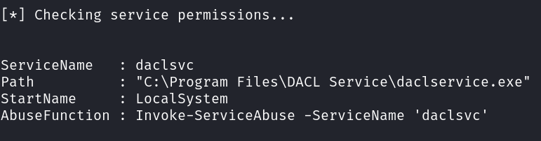 Invoke-AllChecks output flagging service permissions, showing daclsvc with Path "C:\Program Files\DACL Service\daclservice.exe", StartName LocalSystem, and AbuseFunction Invoke-ServiceAbuse -ServiceName 'daclsvc'